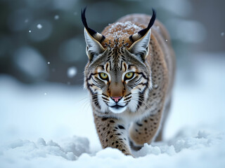Fototapeta premium Captivating Lynx Portrait, A Winter Scene Featuring a Wild Cat with Striking Eyes and Sharp Features in a Snowy Landscape