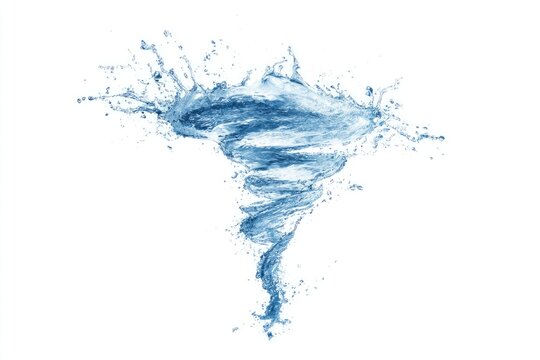A swirling vortex of water droplets and splashes, forming a miniature tornado shape against a stark white background - Powered by Adobe
