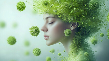 Woman with green hair made of microorganisms and particles in surreal artistic representation.