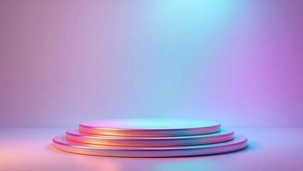 Colorful three-tiered podium with soft neon lighting in pink, purple, and blue hues, set against a clean gradient background in a modern minimal studio.