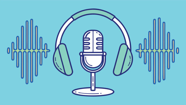 Retro Microphone with Headphones and Sound Waves:  Vibrant Blue Background,  Modern Line Art Style, Upbeat and Energetic Mood, Perfect for Podcast, Music, or Audio Branding.