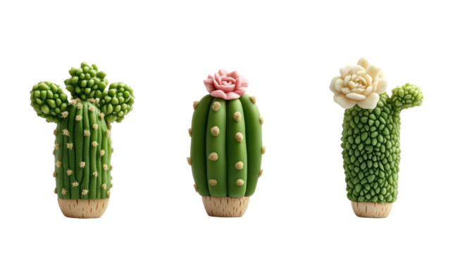 Three Succulent Cacti in Varied Shapes and Colors with Decorative Flowers in a Minimalist Style