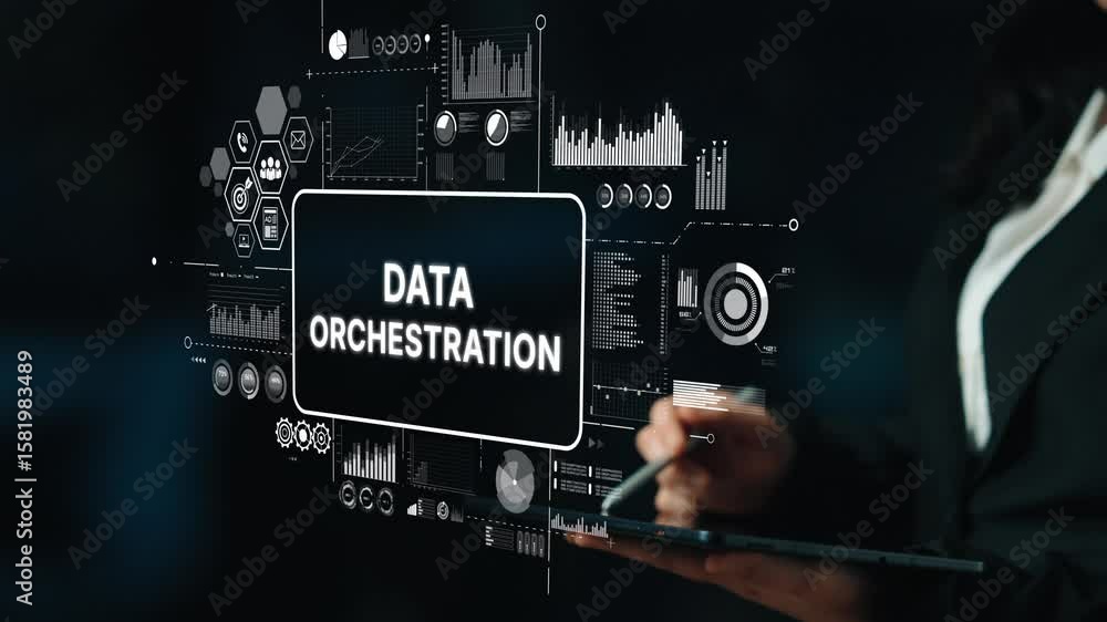 Poster professional businessperson engaging with data orchestration visualization on a digital screen in a 