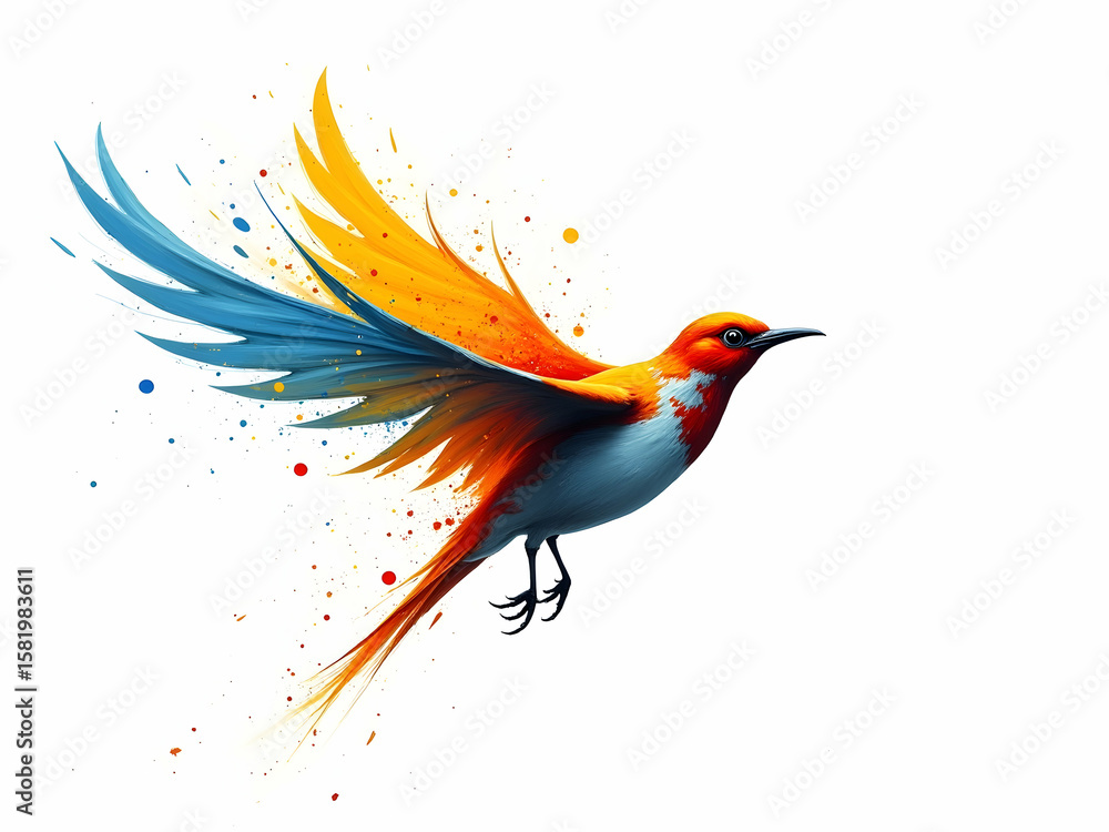 Poster colorful abstract bird in flight, a vibrant and dynamic whimsical creation with splashes of bold ora