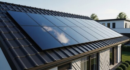 Obraz premium modern house with solar panels on dark roof under clear sky