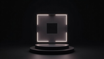 Dark futuristic stage with a glowing square frame and central circular podium. Minimal lighting creates a dramatic and high-tech atmosphere for product or visual presentations.