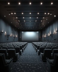 Captivating Cinema: An empty theater showcases an immersive screen, designed for film enthusiasts, surrounded by dark-colored seating and soft lighting.