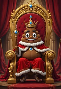 The Regal Poop King: A Humorous Digital Painting of a Crowned Poop Emoji on a Golden Throne