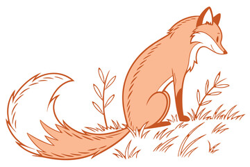 A stylized illustration of a fox sitting in grass with a large bushy tail