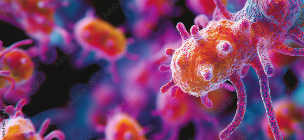 Poster colorful microscopic view of bacteria showcasing intricate details and structures.