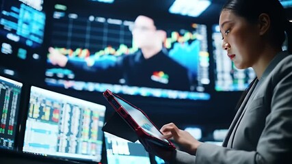 Asian Businesswoman Navigating Financial Data A Look at Stock Market Analysis, Investment Strategies, and Economic Trends in the Age of Digital Financial Technologies. - Powered by Adobe