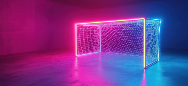 Neon illuminated soccer goal with vibrant pink and blue lights in dark space.