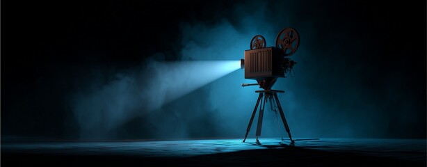 Vintage Projector in Spotlight: A classic vintage movie projector stands tall on a tripod, its beam cutting through the smoky ambiance, inviting viewers to a timeless cinematic experience. 