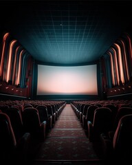 The Cinematic Stage: An atmospheric capture of a classic cinema, with rows of plush seats leading the eye toward the bright, inviting screen, ready for the show.