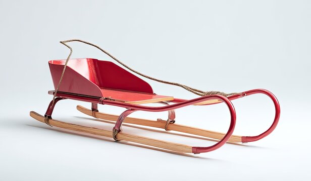 A vintage red metal children's sled with wooden runners and a simple rope tow. The sled sits on a plain white background - Powered by Adobe