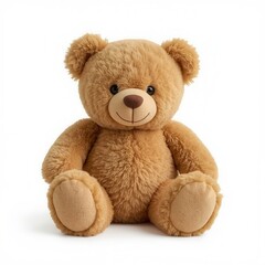 Obraz premium Adorable plush teddy bear sitting upright with a gentle smile against a plain white backdrop, perfect for cuddles.