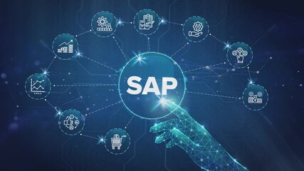 SAP System Software Automation - Enterprise Resource Planning (ERP) technology construction concept with hand video on virtual screen. Systems, Applications, Products, Data Processing. - Powered by Adobe