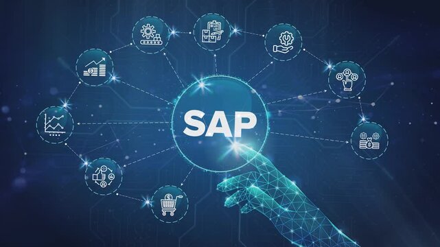 SAP System Software Automation - Enterprise Resource Planning (ERP) technology construction concept with hand video on virtual screen. Systems, Applications, Products, Data Processing.