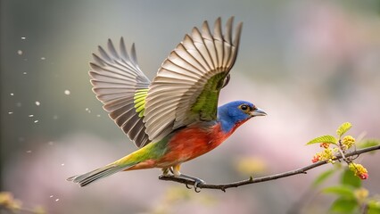 Obraz premium Painted Bunting Flying with Spread Wings and Colorful Blurred Background