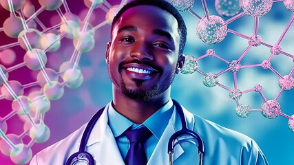 Smiling doctor in a lab coat with a stethoscope, surrounded by colorful molecular structures - Powered by Adobe