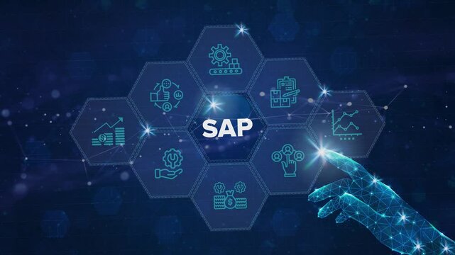 SAP System Software Automation - Enterprise Resource Planning (ERP) technology construction concept with hand video on virtual screen. Systems, Applications, Products, Data Processing.