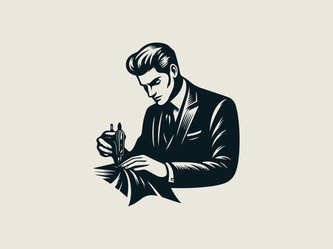 Vintage tailor sewing machine vector logo for bespoke menswear or alteration shops