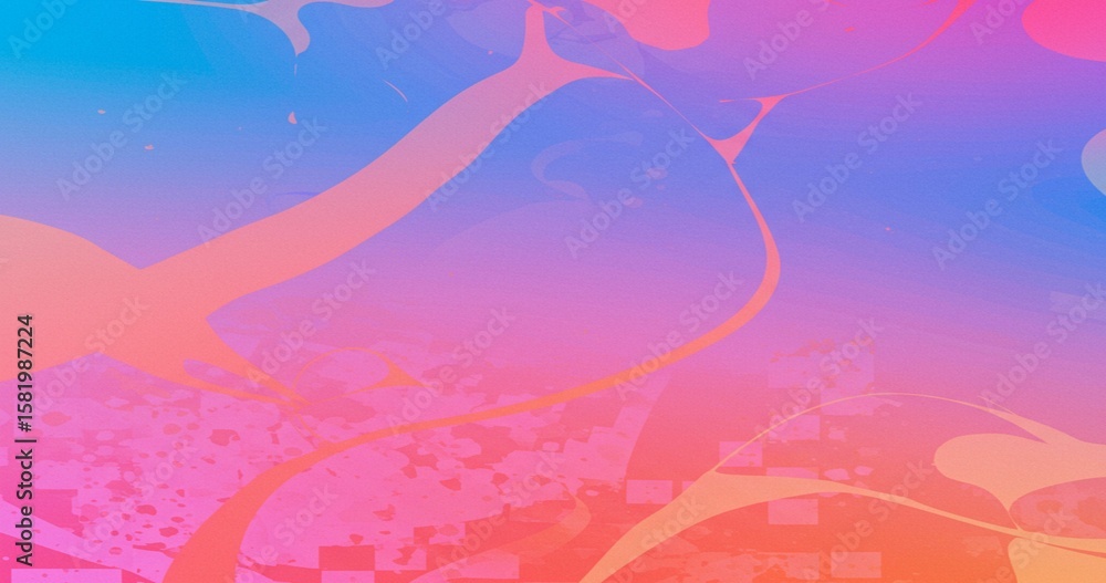 Poster abstract image featuring a gradient from blue to pink with pink splatter shapes and subtle grid patt