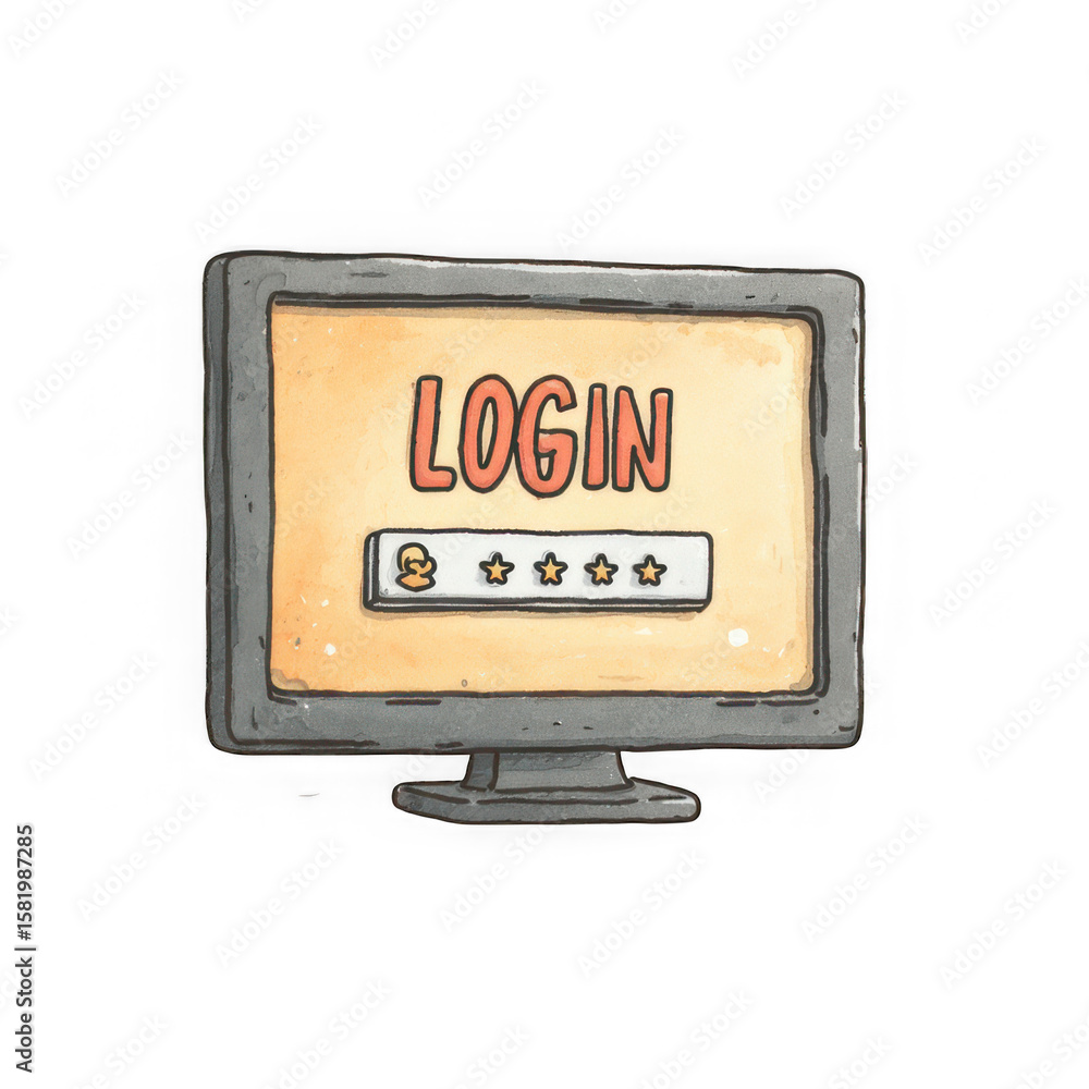 Poster cartoon computer screen with login prompt isolated on transparent background