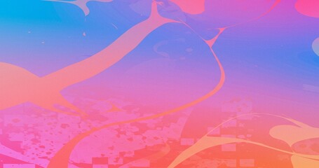 Abstract image featuring a gradient from blue to pink with pink splatter shapes and subtle grid patterns. A digital background with a playful, artistic feel.
