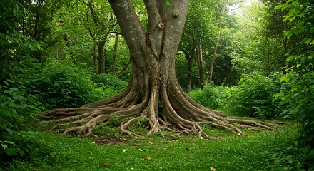 Fototapeta premium Powerful tree with prominent, sprawling roots amidst a vibrant green forest, evoking a sense of enduring nature.