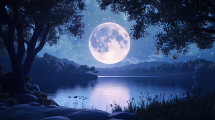 Naklejka premium Serene moonlit landscape reflecting on calm lake surrounded by trees and stars.