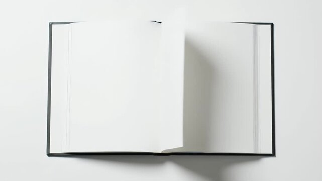 Open book with blank pages lying on a white surface, ready for text and images, Open book with blank pages on a white surface for creative use