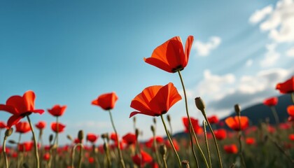 Obraz premium Beautiful Field of Red Poppies Under a Bright Blue Sky with Light Clouds