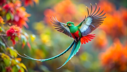 Quetzal Flying with Spread Wings and Colorful Blurred Background