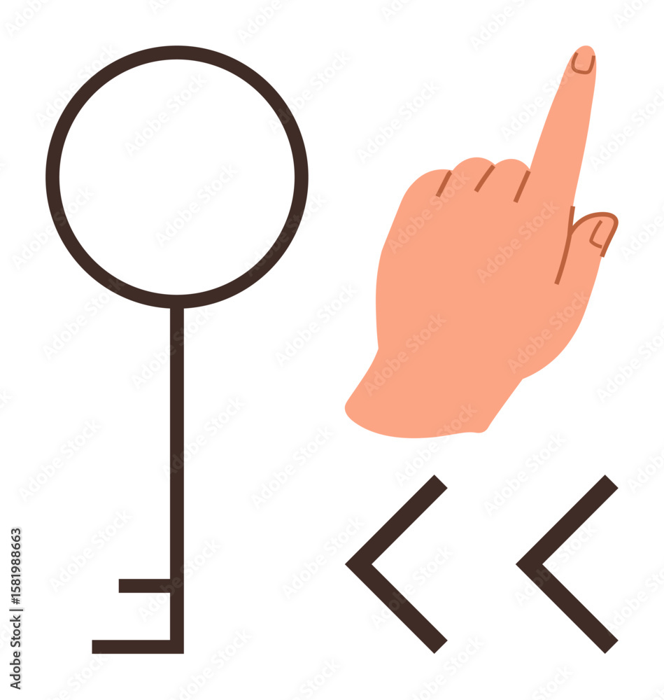 Poster hand pointing upward beside a simple key and forward-backward arrows. ideal for security, decision-m