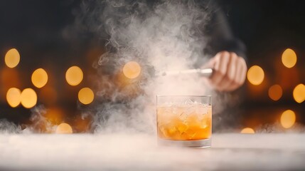 Smoked Cocktail with Bokeh Lights, Bar Ambiance