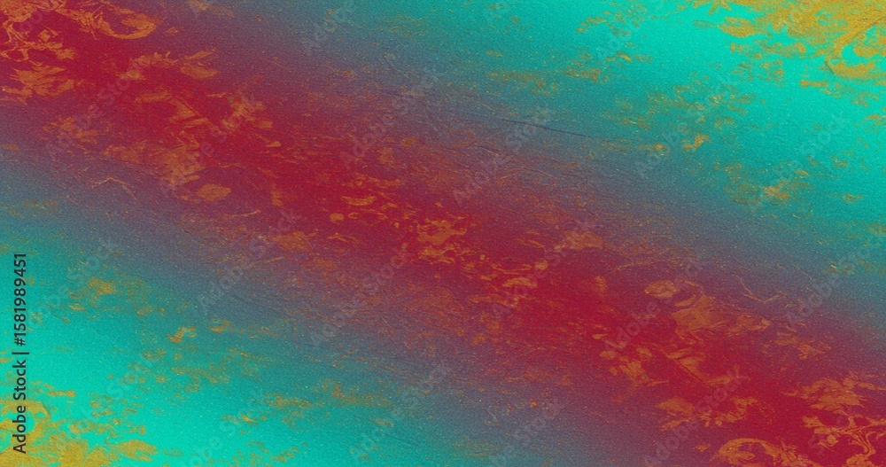 Poster An abstract image with a diagonal gradient. The color transitions from teal to red, with a grainy texture. Gold paint splatters throughout the scene.
