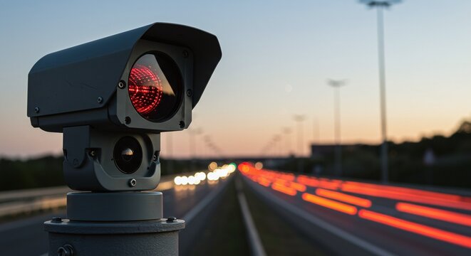 Speed camera monitoring traffic on a highway at dusk with blurred car lights indicating fast movement