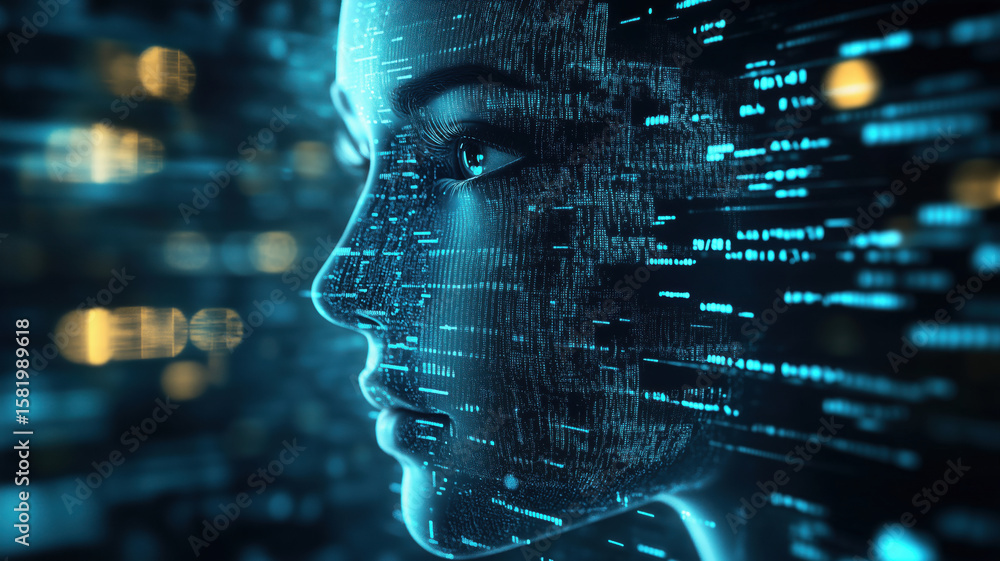 Poster futuristic digital face with glowing data streams representing artificial intelligence.