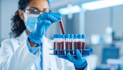 Technician holds a blood test tube, carefully retrieving it from a rack in a research laboratory - surrounded by advanced analysis machines, highlighting precision, science, and medical diagnostics