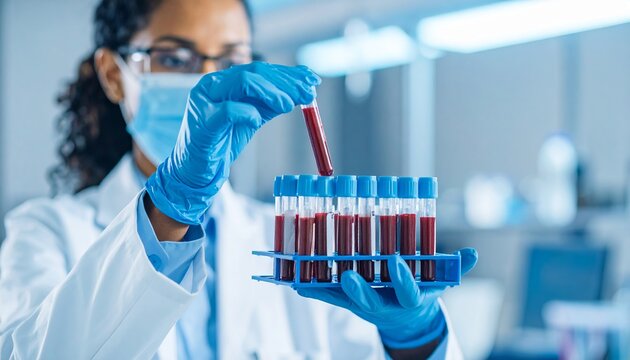 Technician holds a blood test tube, carefully retrieving it from a rack in a research laboratory - surrounded by advanced analysis machines, highlighting precision, science, and medical diagnostics