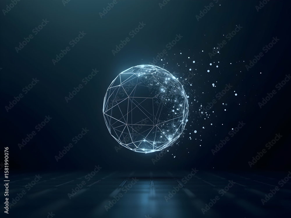 Poster futuristic wireframe sphere disintegrating, a visual representation of technological breakdown and d