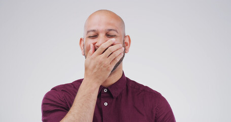 Comedy, humor and laughing with designer man in studio for expression or reaction to joke and meme....