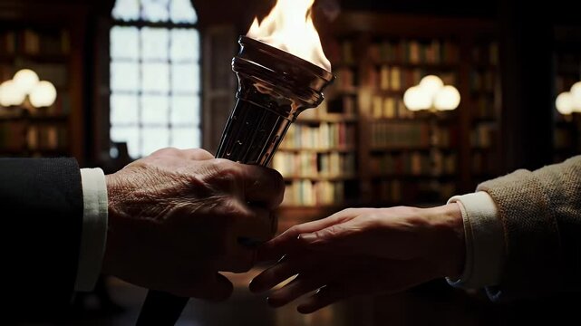 Passing the Baton A symbolic transfer of torch relay  in a library, representing leadership transition, intellectual legacy, or the inheritance of knowledge with burning torch.