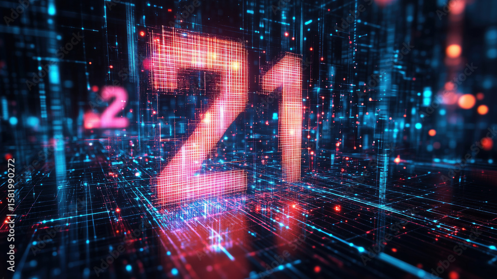 Poster digital representation of number 21 in futuristic data environment with glowing effects.
