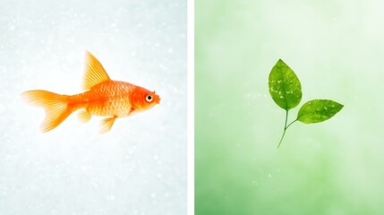 Goldfish and Leaves, A Nature Duo in Water