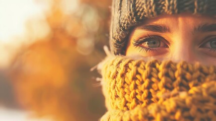 Close up of a young woman s eyes peeking over a warm yellow scarf