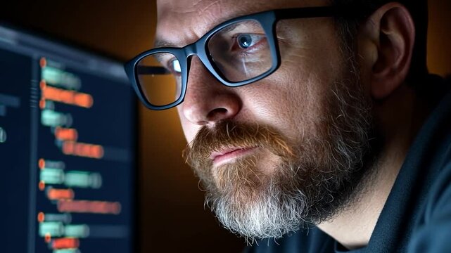 Close-up of a man with glasses and a beard, intensely focused on a computer screen displaying lines of code. Low-light setting with blue hues
