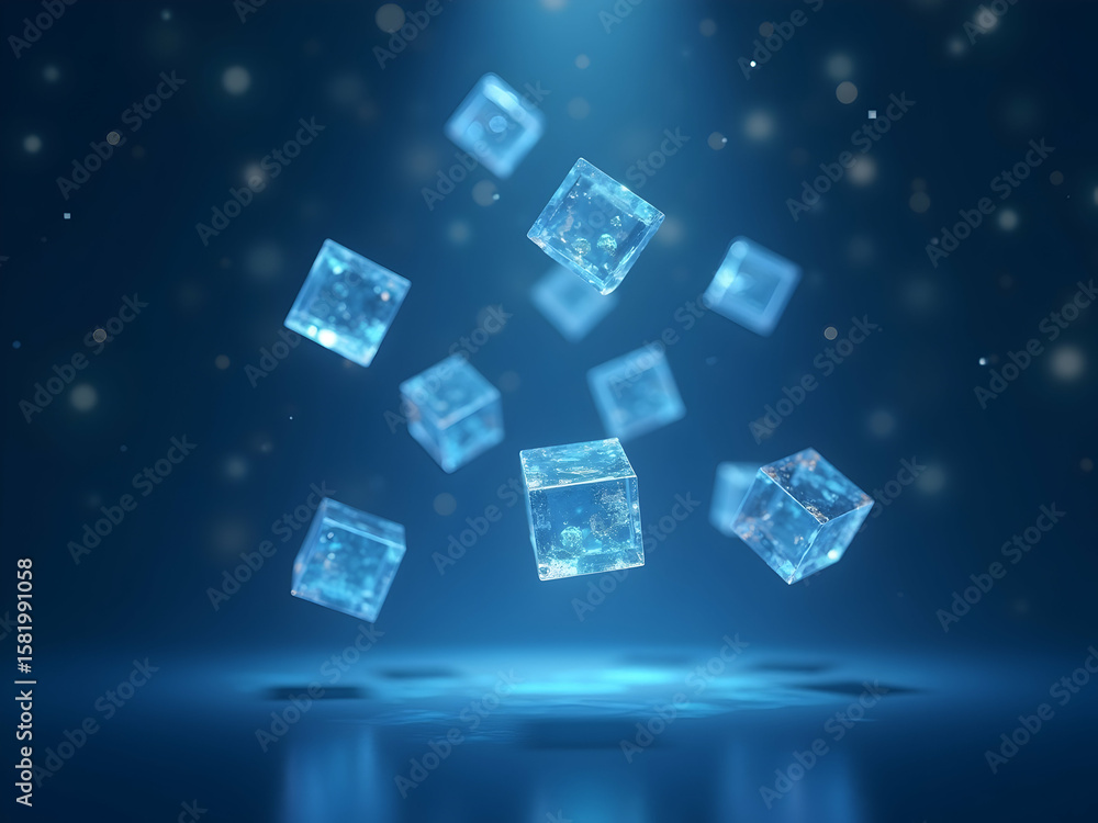 Poster elegant display of floating crystalline cubes with subtle semitransparent qualities in a mesmerizing