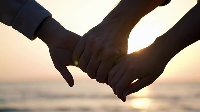 A pair of lovers holding hands in the sunset against the sea, Love and support holding hands on the beach at sunset